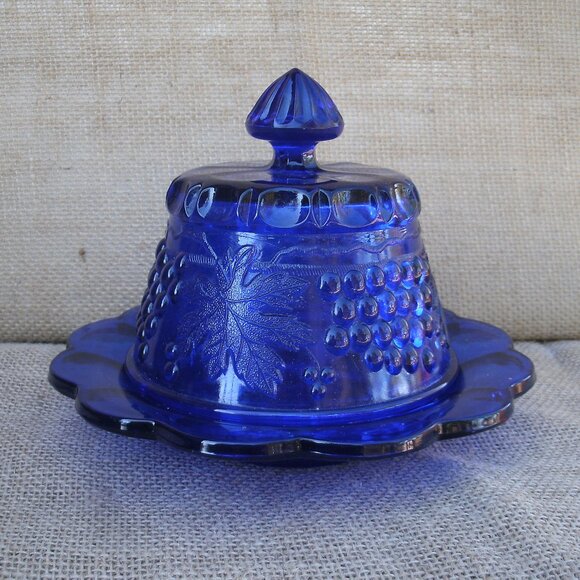 Vintage Mosser Cobalt Grapes Covered Butter Dish - Picture 1 of 16